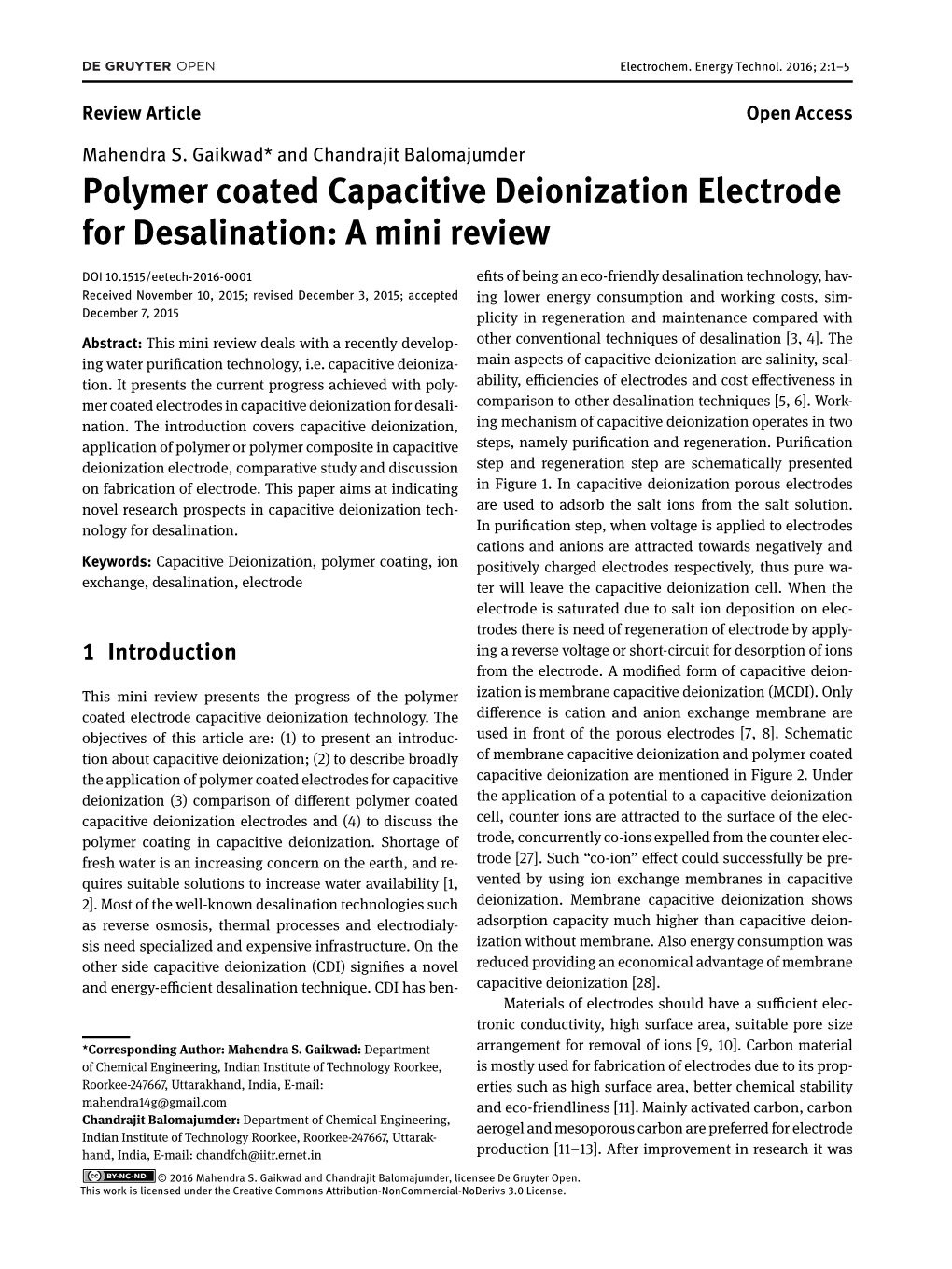 Polymer Coated Capacitive Deionization Electrode for Desalination: a Mini Review