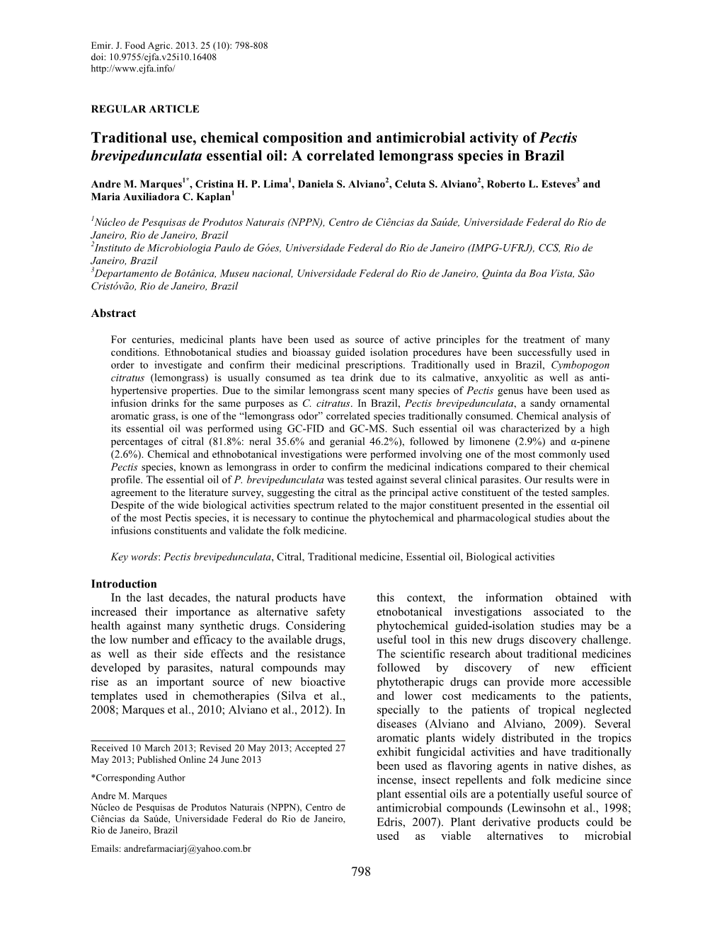 Traditional Use, Chemical Composition and Antimicrobial Activity of Pectis Brevipedunculata Essential Oil: a Correlated Lemongrass Species in Brazil