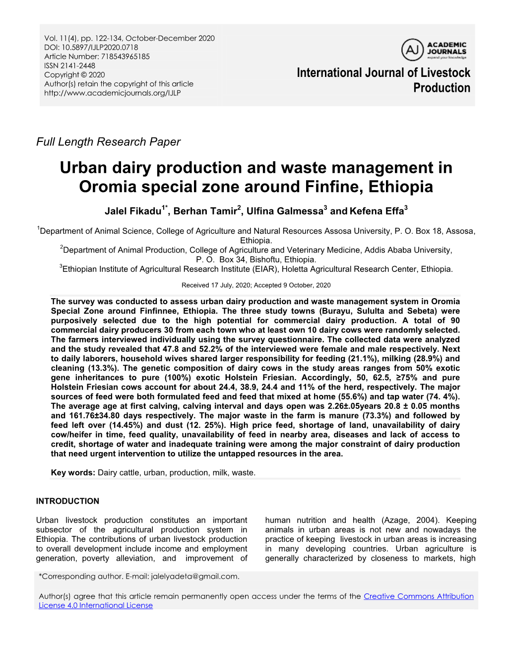 Urban Dairy Production and Waste Management in Oromia Special Zone Around Finfine, Ethiopia