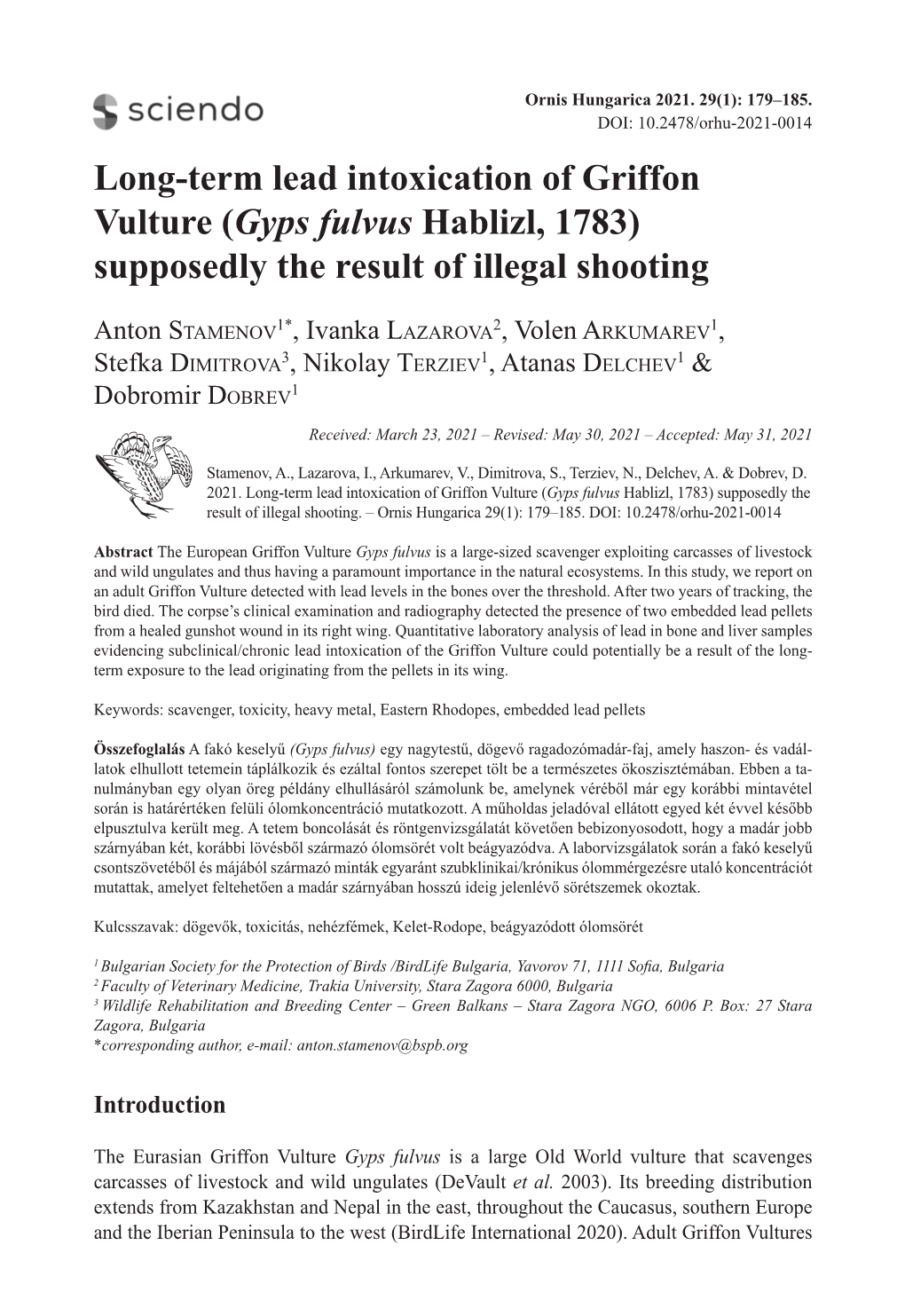 Long-Term Lead Intoxication of Griffon Vulture (Gyps Fulvus Hablizl, 1783) Supposedly the Result of Illegal Shooting