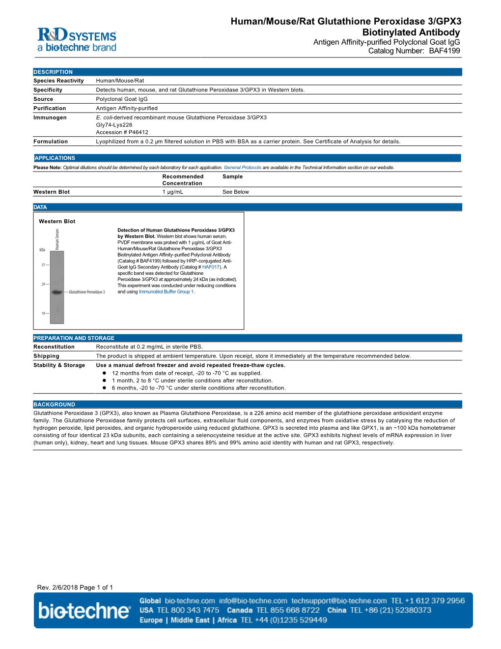 Human/Mouse/Rat Glutathione Peroxidase 3/GPX3 Biotinylated Antibody Antigen Affinity-Purified Polyclonal Goat Igg Catalog Number: BAF4199