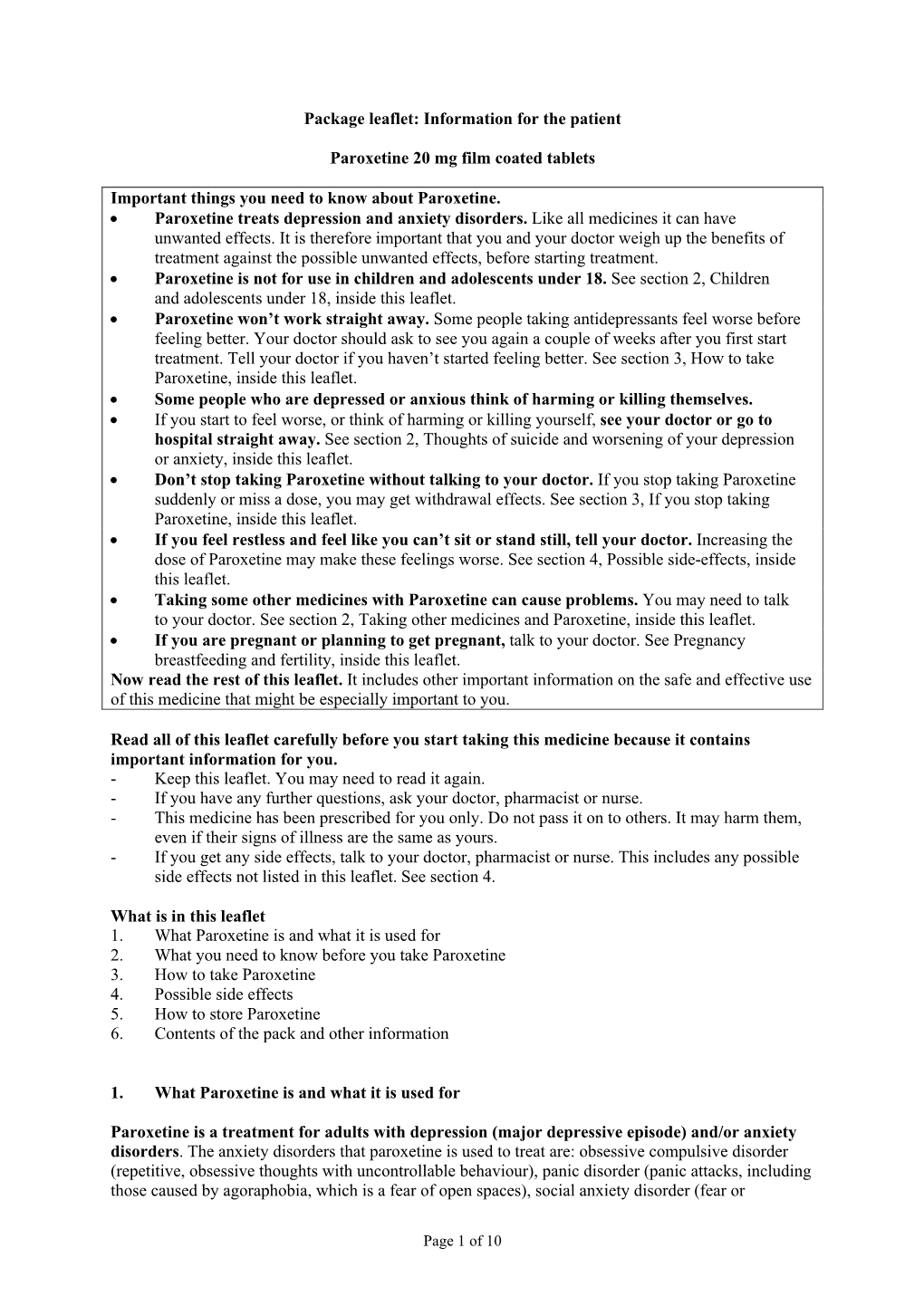 Package Leaflet: Information for the Patient Paroxetine 20 Mg Film