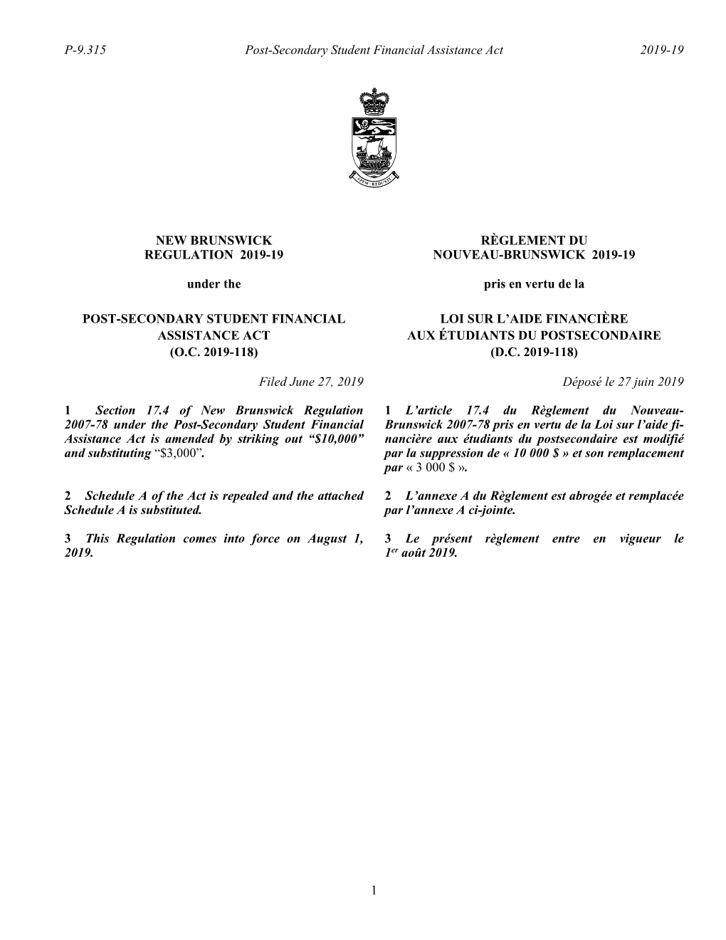 NEW BRUNSWICK REGULATION 2019-19 Under the RÈGLEMENT