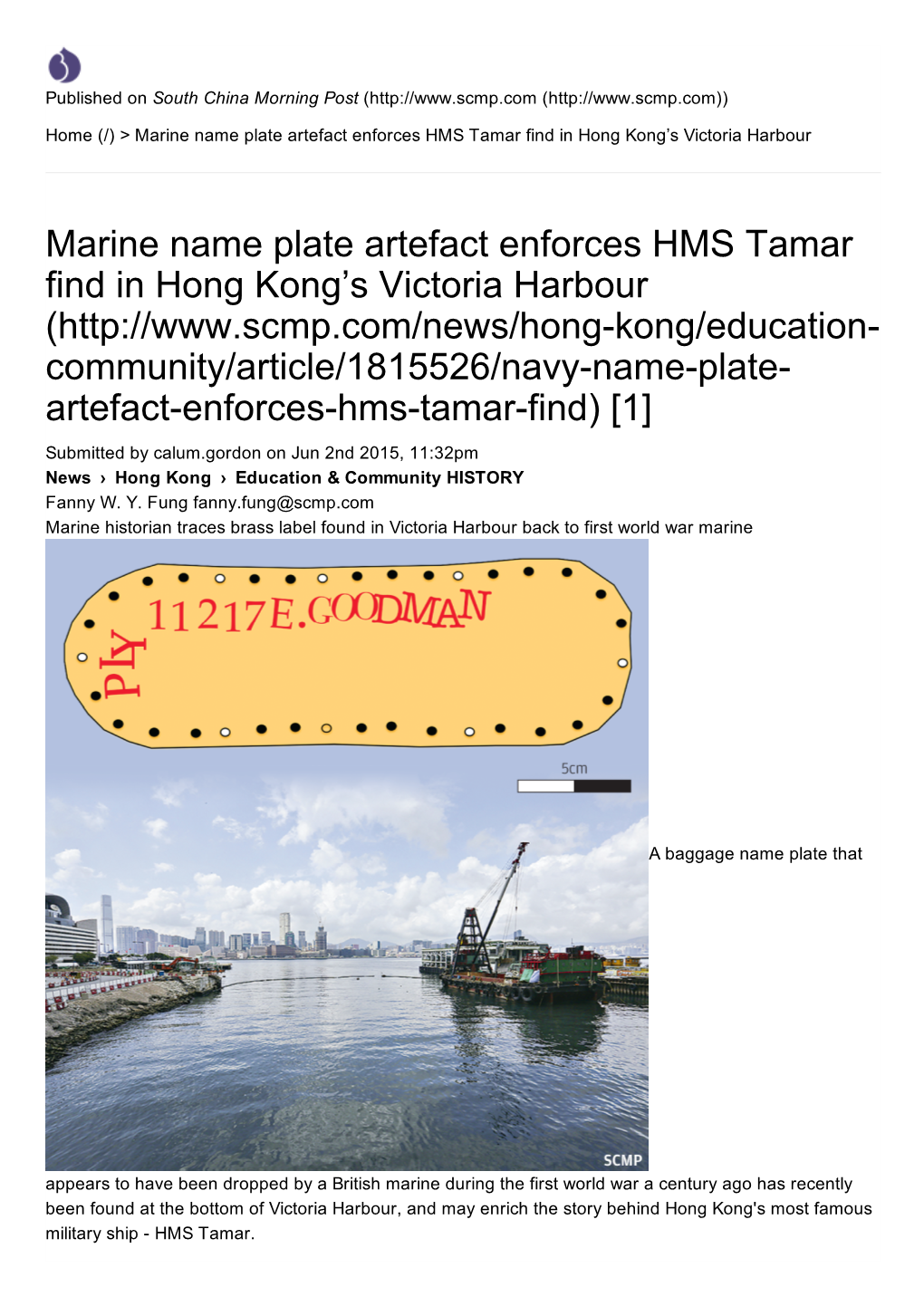 Marine Name Plate Artefact Enforces HMS Tamar Find in Hong Kong's
