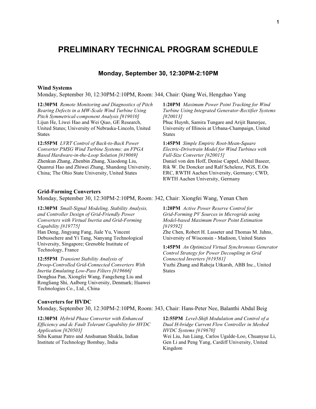 Preliminary Technical Program Schedule