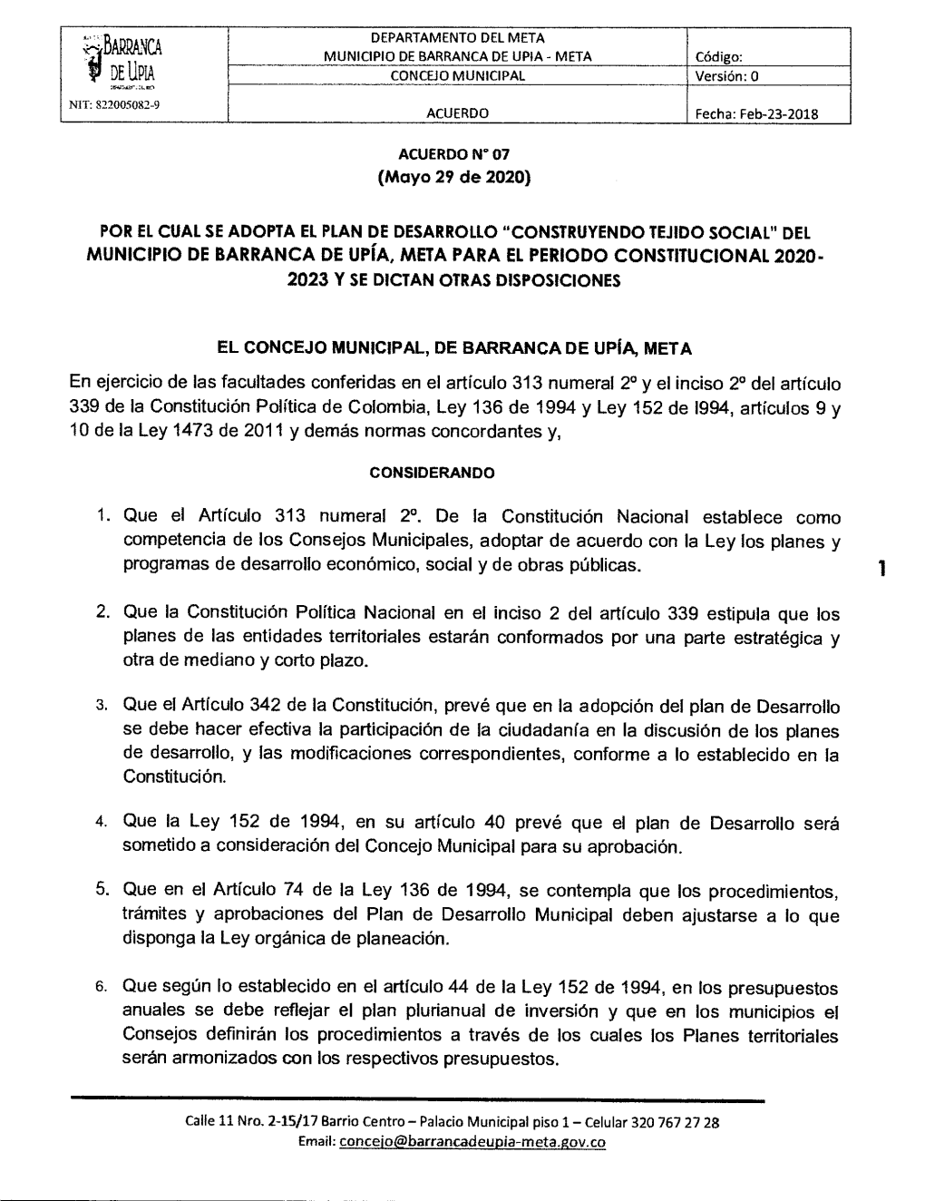 Del Municipio De Barranca De Upía, Meta Para El Periodo Constitucional 2020- 2023 Y Se Dictan Otras Disposiciones