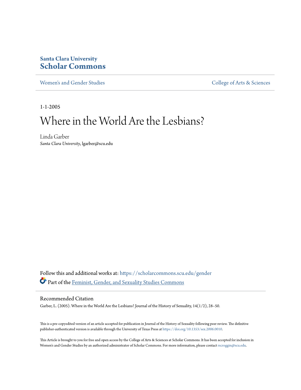 Where in the World Are the Lesbians? Linda Garber Santa Clara University, Lgarber@Scu.Edu