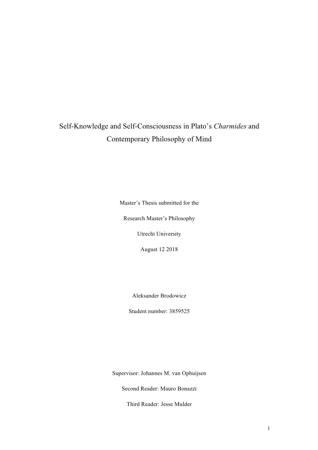 Self-Knowledge and Self-Consciousness in Plato's