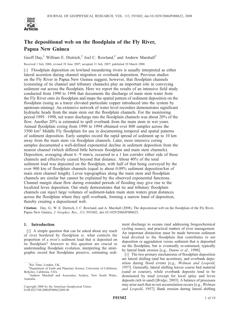 The Depositional Web on the Floodplain of the Fly River, Papua New Guinea Geoff Day,1 William E