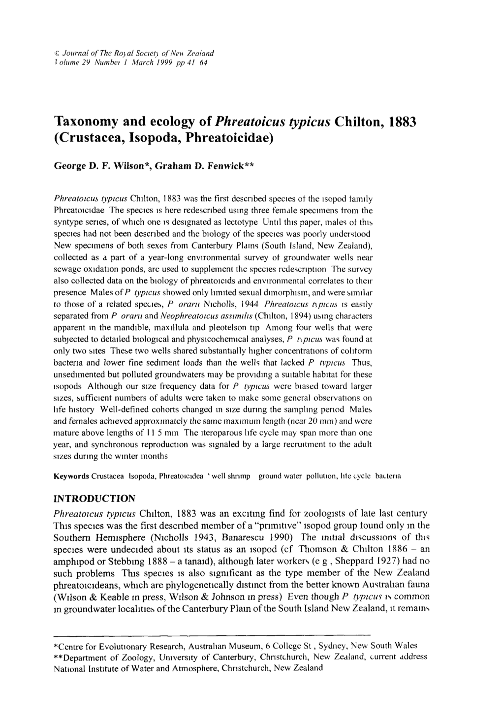 Taxonomy and Ecology of Phreatoicus Typicus Chilton, 1883 (Crustacea, Isopoda, Phreatoicidae)