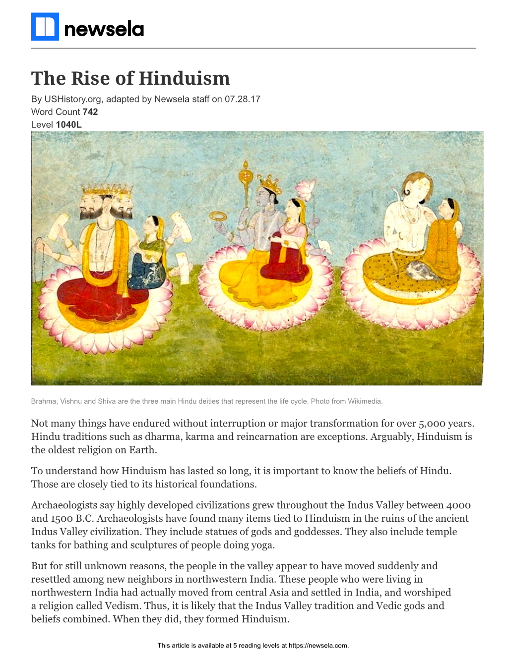 The Rise of Hinduism by Ushistory.Org, Adapted by Newsela Staff on 07.28.17 Word Count 742 Level 1040L