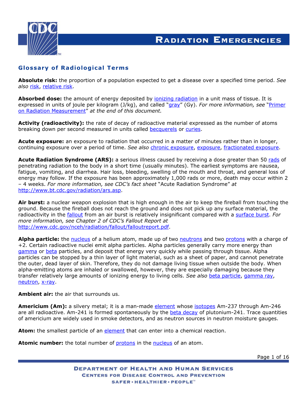 CDC Radiation Emergencies: Glossary of Radiological Terms