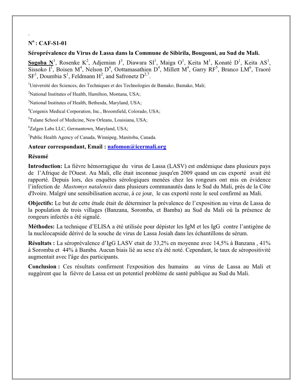 CAF-S1-01 Séroprévalence Du Virus De Lassa Dans La Commune De Sibirila, Bougouni, Au Sud Du Mali