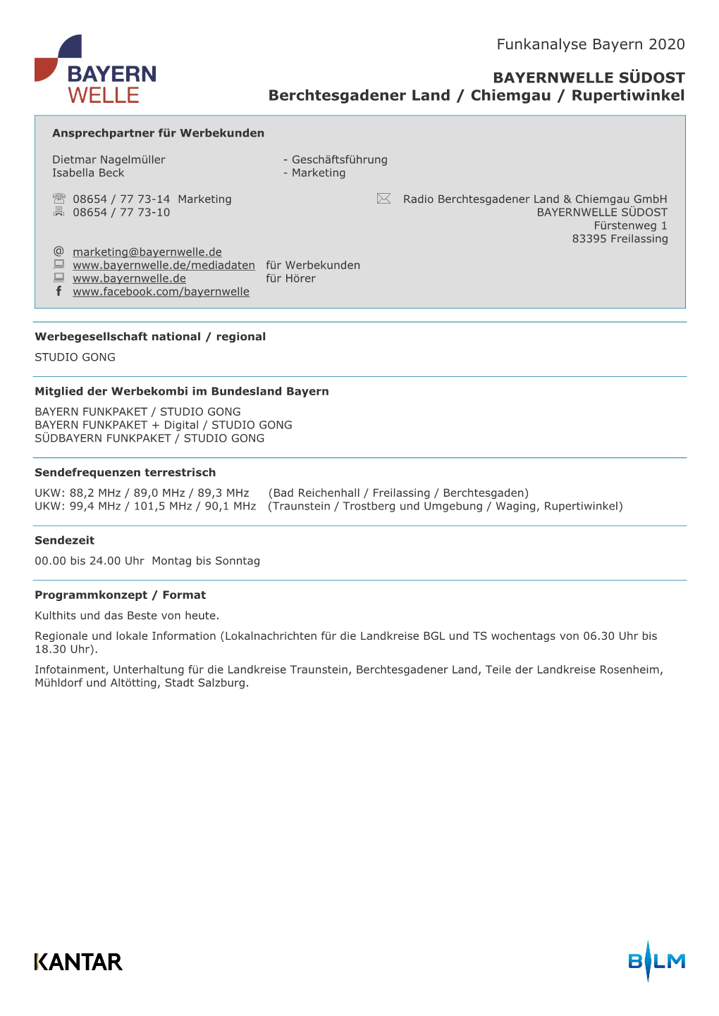 Funkanalyse Bayern 2020 BAYERNWELLE SÜDOST Berchtesgadener Land / Chiemgau / Rupertiwinkel