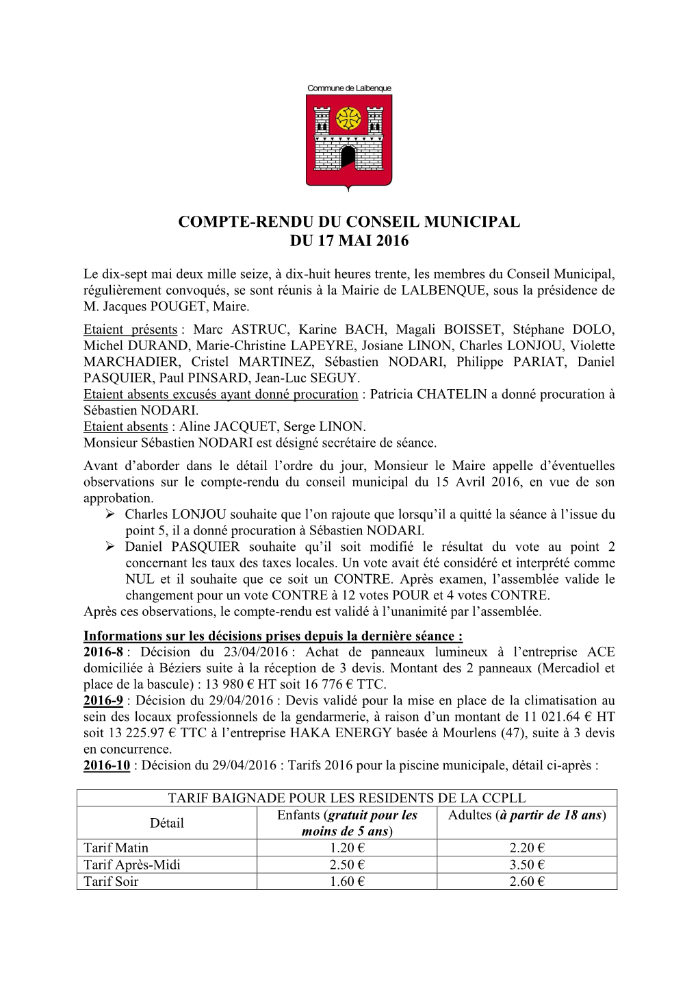 Compte-Rendu Du Conseil Municipal Du 17 Mai 2016