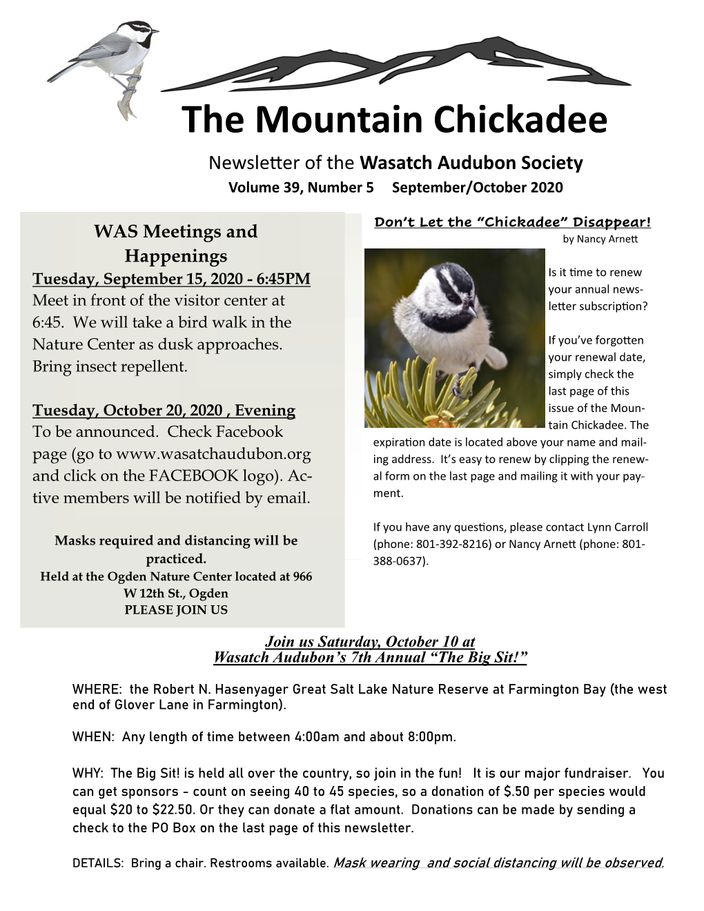 The Mountain Chickadee Newsletter of the Wasatch Audubon Society Volume 39, Number 5 September/October 2020