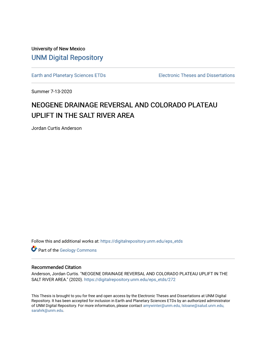 Neogene Drainage Reversal and Colorado Plateau Uplift in the Salt River Area