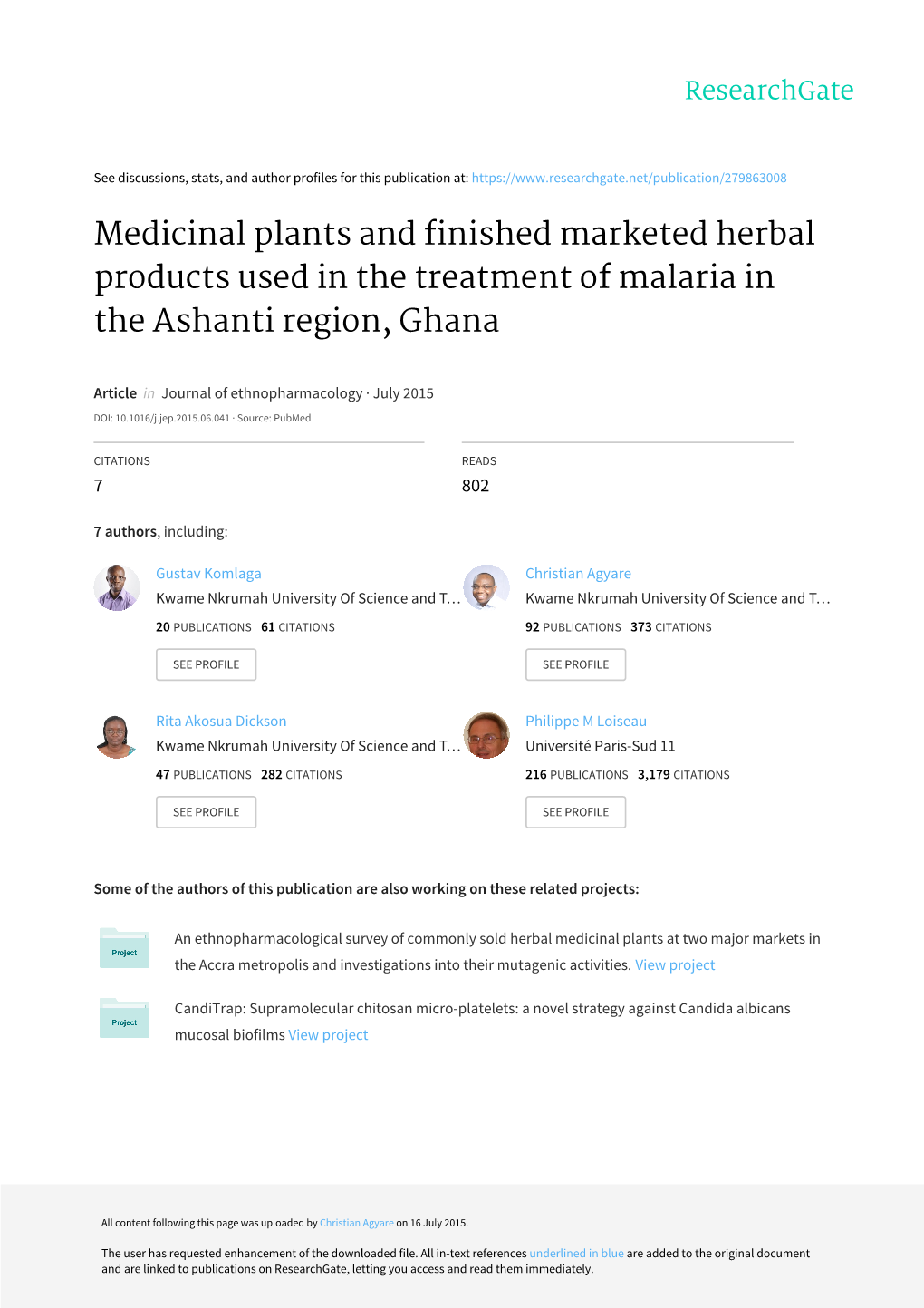 Medicinal Plants and Finished Marketed Herbal Products Used in the Treatment of Malaria in the Ashanti Region, Ghana