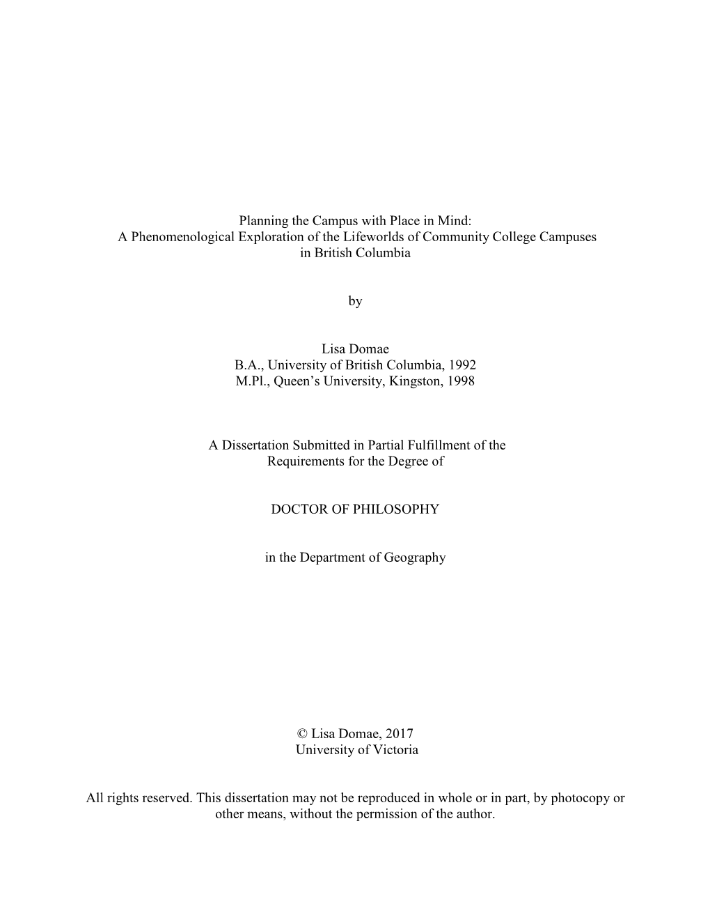 Planning the Campus with Place in Mind: a Phenomenological Exploration of the Lifeworlds of Community College Campuses in British Columbia