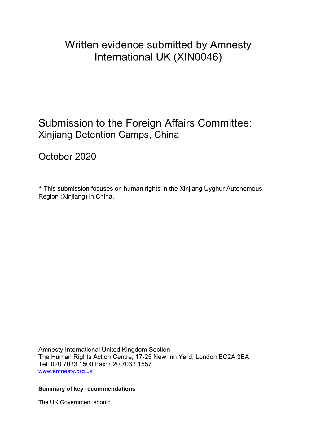 Written Evidence Submitted by Amnesty International UK (XIN0046) Submission to the Foreign Affairs Committee