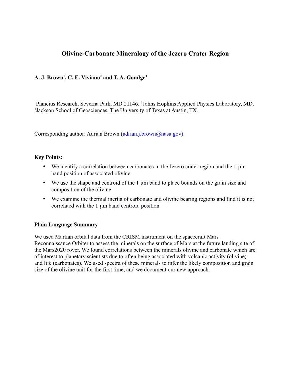 Olivine-Carbonate Mineralogy of the Jezero Crater Region