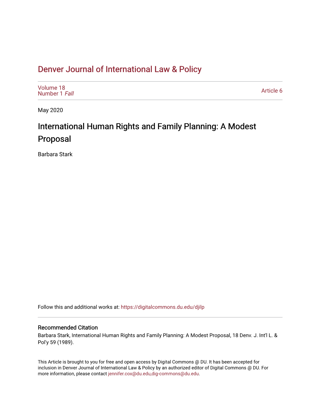 International Human Rights and Family Planning: a Modest Proposal