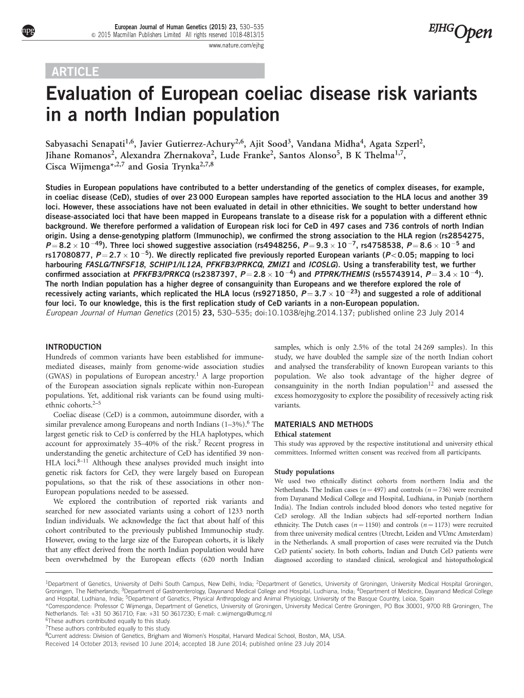 Evaluation of European Coeliac Disease Risk Variants in a North Indian Population