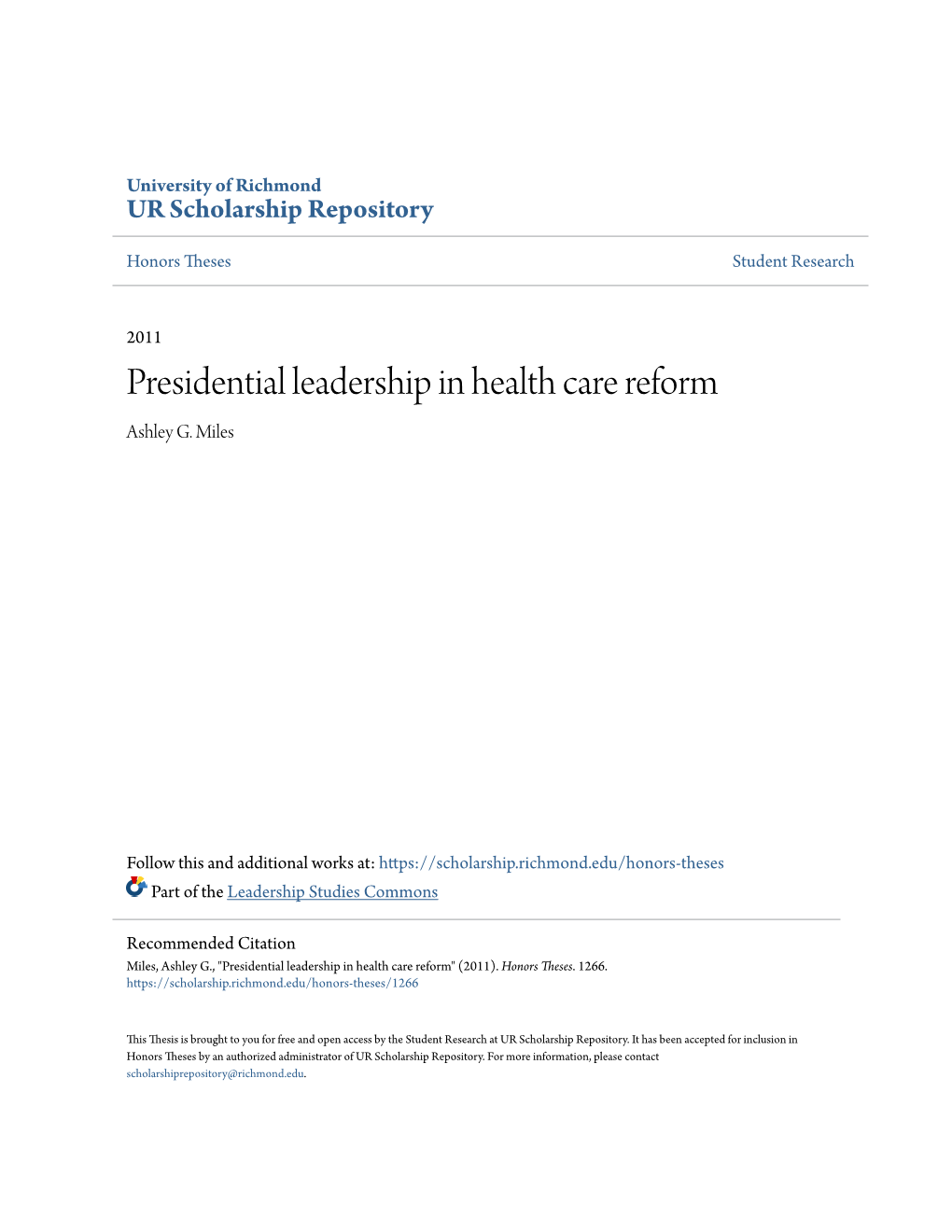 Presidential Leadership in Health Care Reform Ashley G