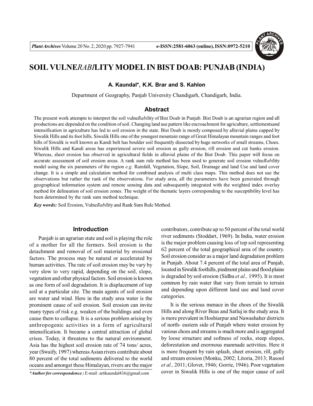 Soil Vulnerability Model in Bist Doab: Punjab (India)