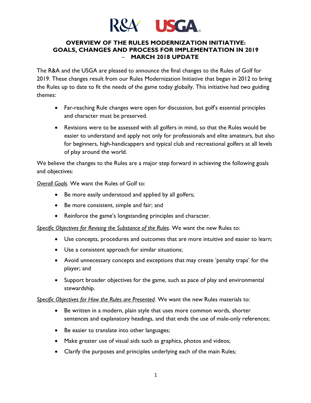 OVERVIEW of the RULES MODERNIZATION INITIATIVE: GOALS, CHANGES and PROCESS for IMPLEMENTATION in 2019 – MARCH 2018 UPDATE Th