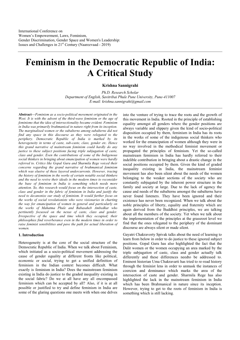 Feminism in the Democratic Republic of India: a Critical Study