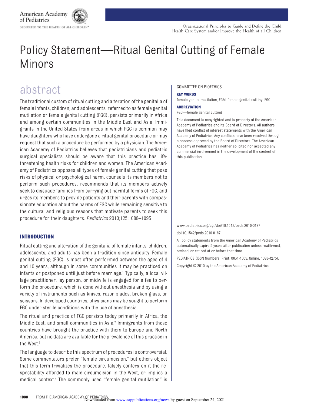 Policy Statement—Ritual Genital Cutting of Female Minors Abstract