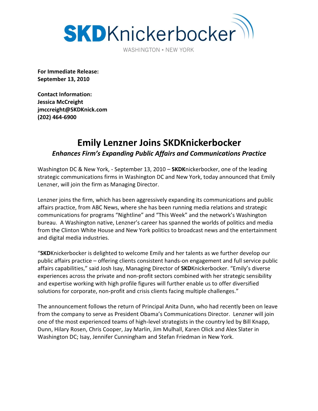 Emily Lenzner Joins Skdknickerbocker Enhances Firm’S Expanding Public Affairs and Communications Practice