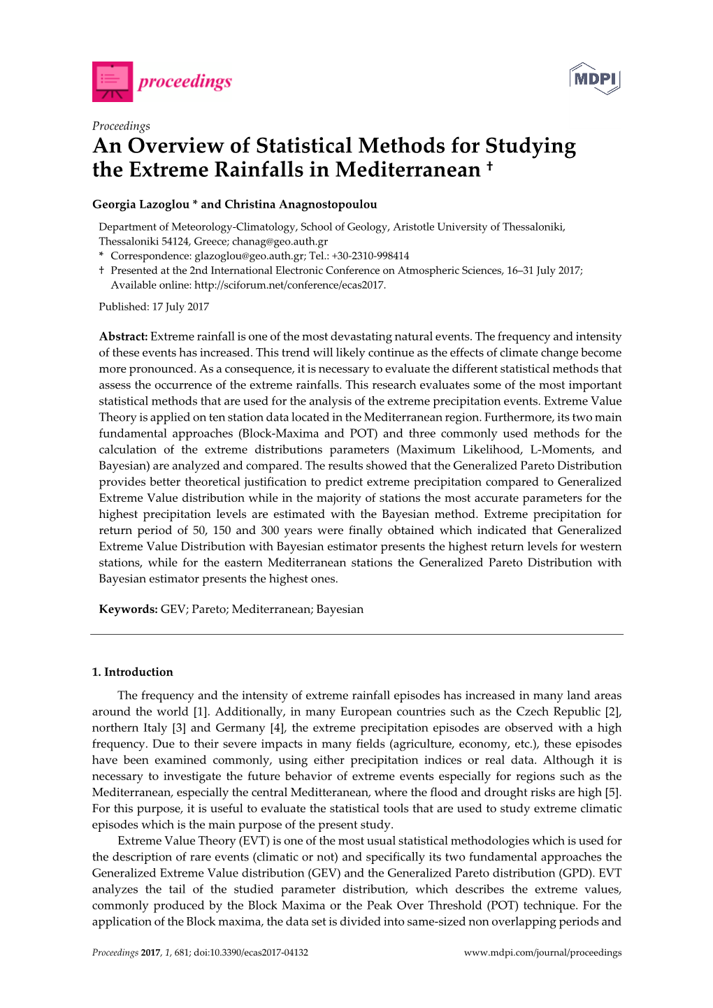 An Overview of Statistical Methods for Studying the Extreme Rainfalls in Mediterranean †