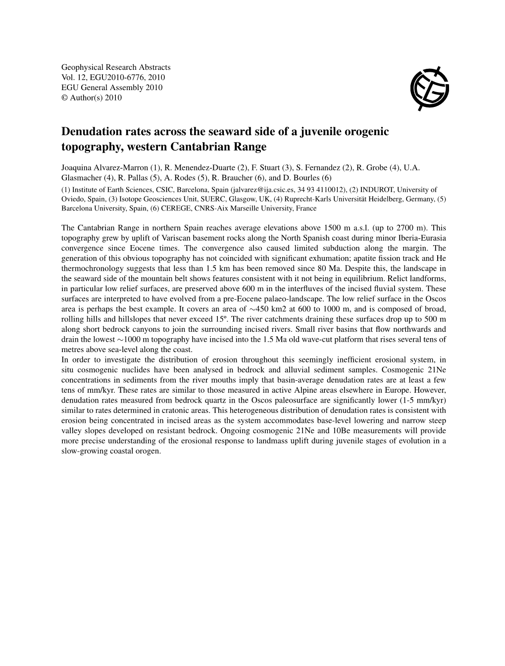 Denudation Rates Across the Seaward Side of a Juvenile Orogenic Topography, Western Cantabrian Range