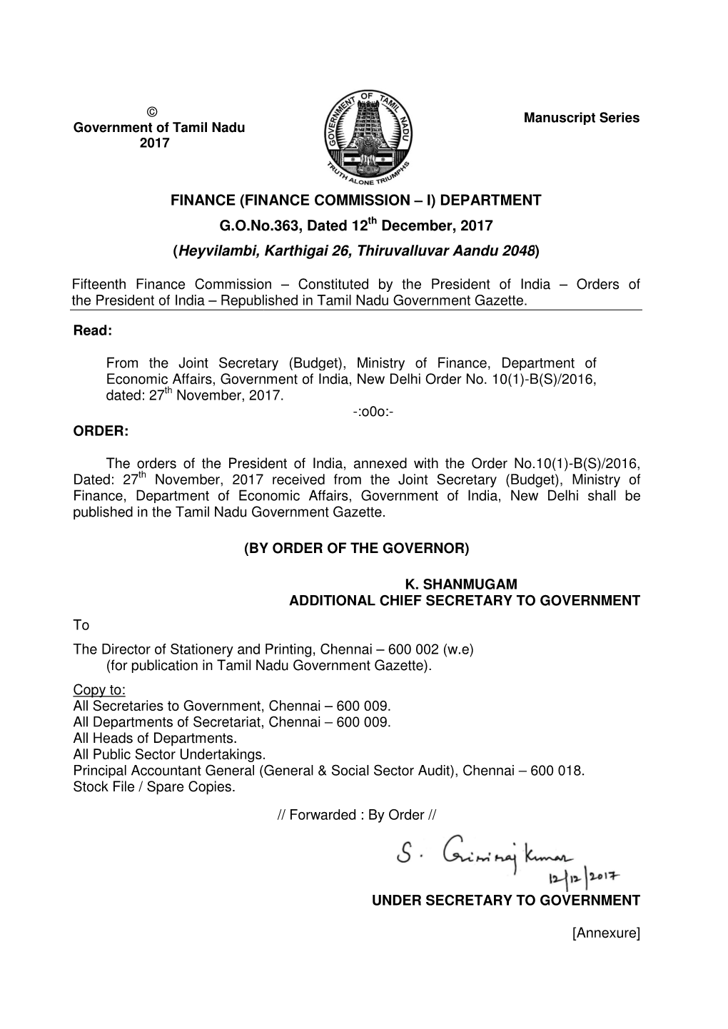 FINANCE COM Gono.363, Dated (Heyvilambi, Fifteenth Finance Commission the President of India – Republished in Tam R