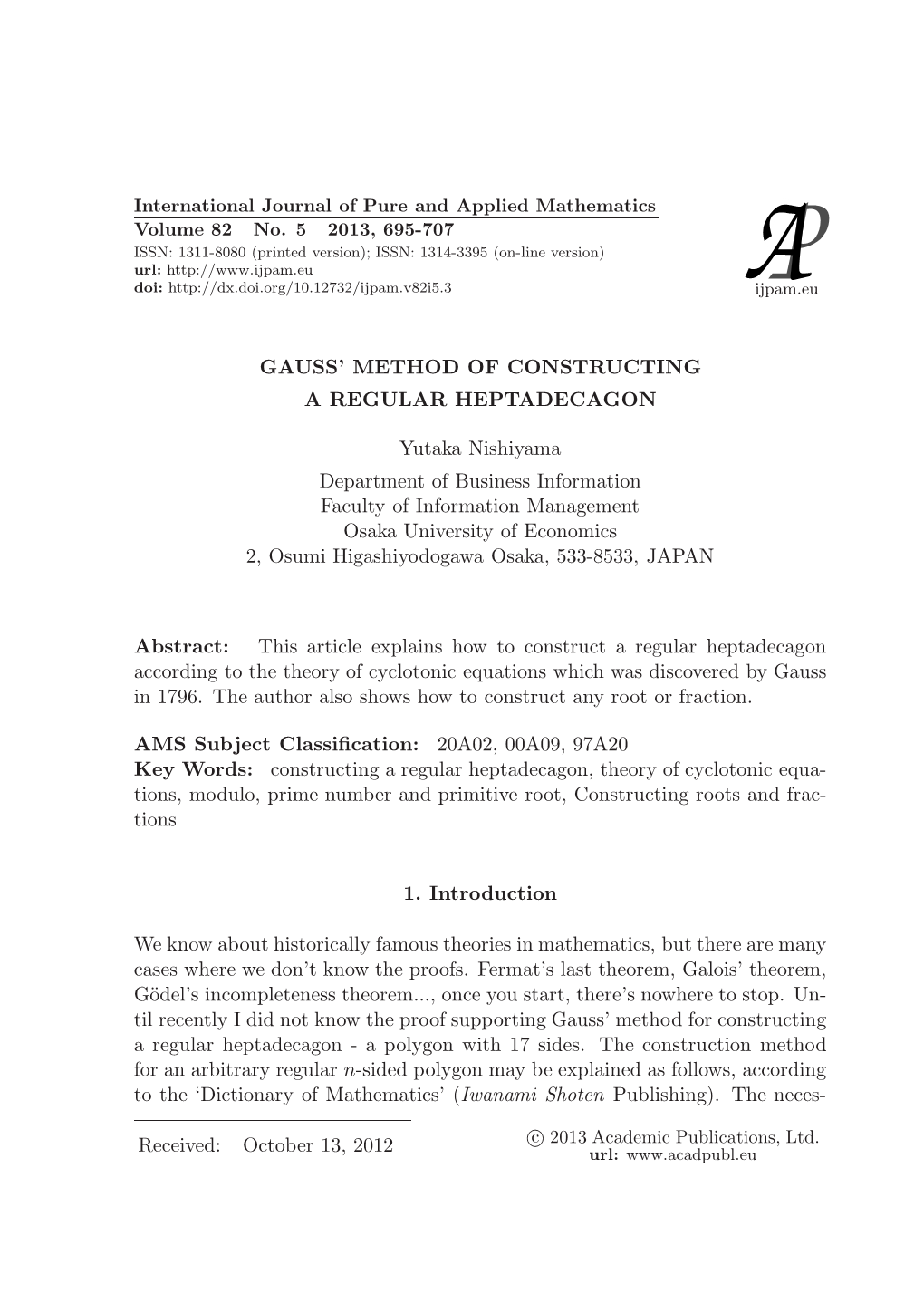 Gauss' Method of Constructing a Regular