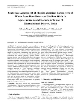 Statistical Assessment of Physico-Chemical Parameters of Water from Bore Holes and Shallow Wells in Agateeswaram and Kalkulam Taluks of Kanyakumari District, India