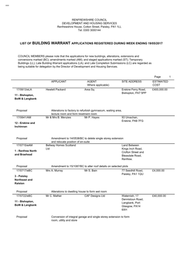 List of Building Warrant Applications Registered During Week Ending 19/05/2017