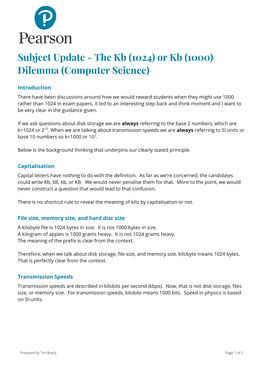 Subject Update - the Kb (1024) Or Kb (1000) Dilemma (Computer Science)