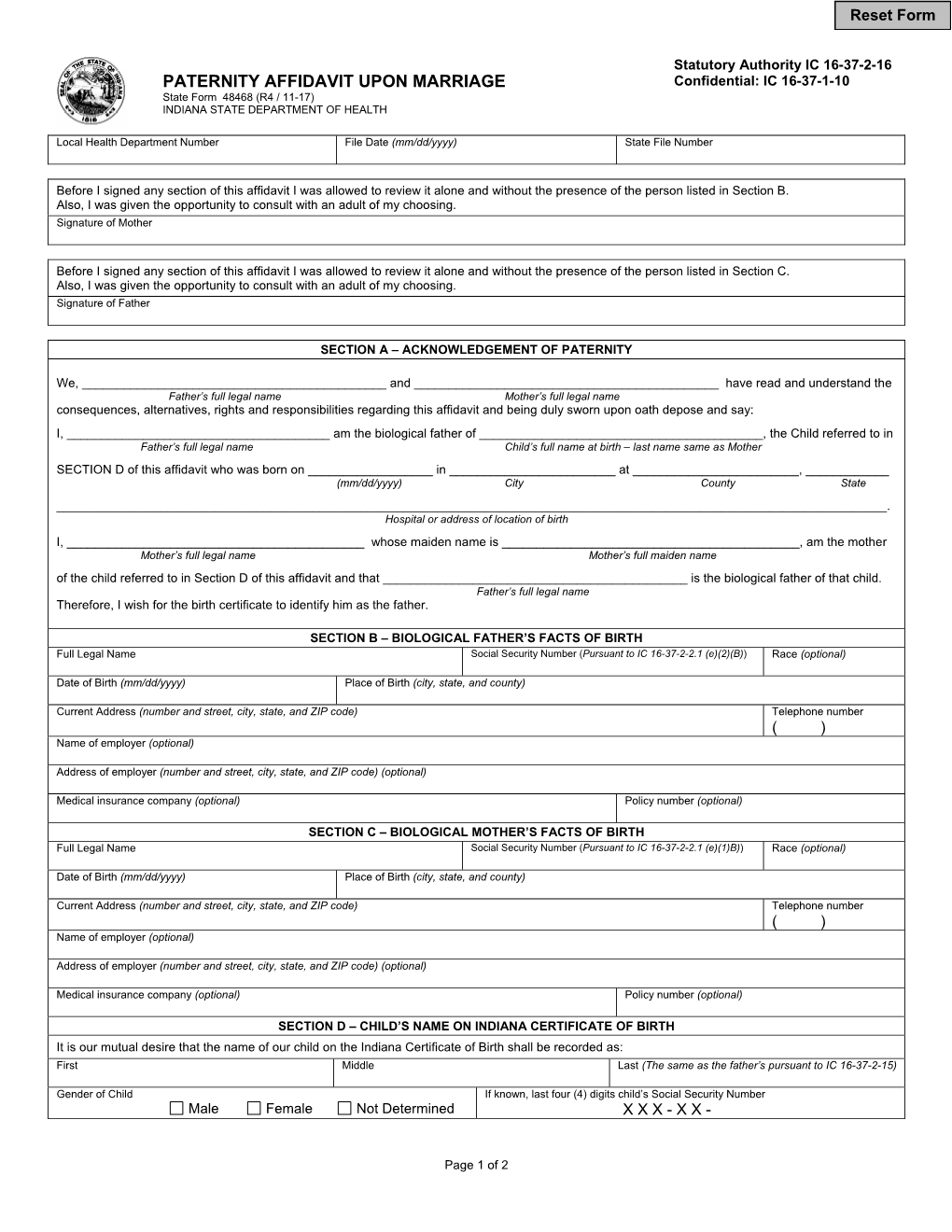 PATERNITY AFFIDAVIT UPON MARRIAGE Confidential: IC 16-37-1-10 State Form 48468 (R4 / 11-17) INDIANA STATE DEPARTMENT of HEALTH