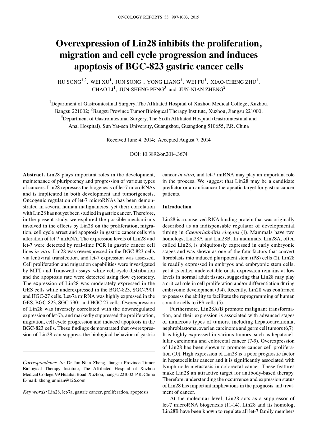 Overexpression of Lin28 Inhibits the Proliferation, Migration and Cell Cycle Progression and Induces Apoptosis of BGC-823 Gastric Cancer Cells