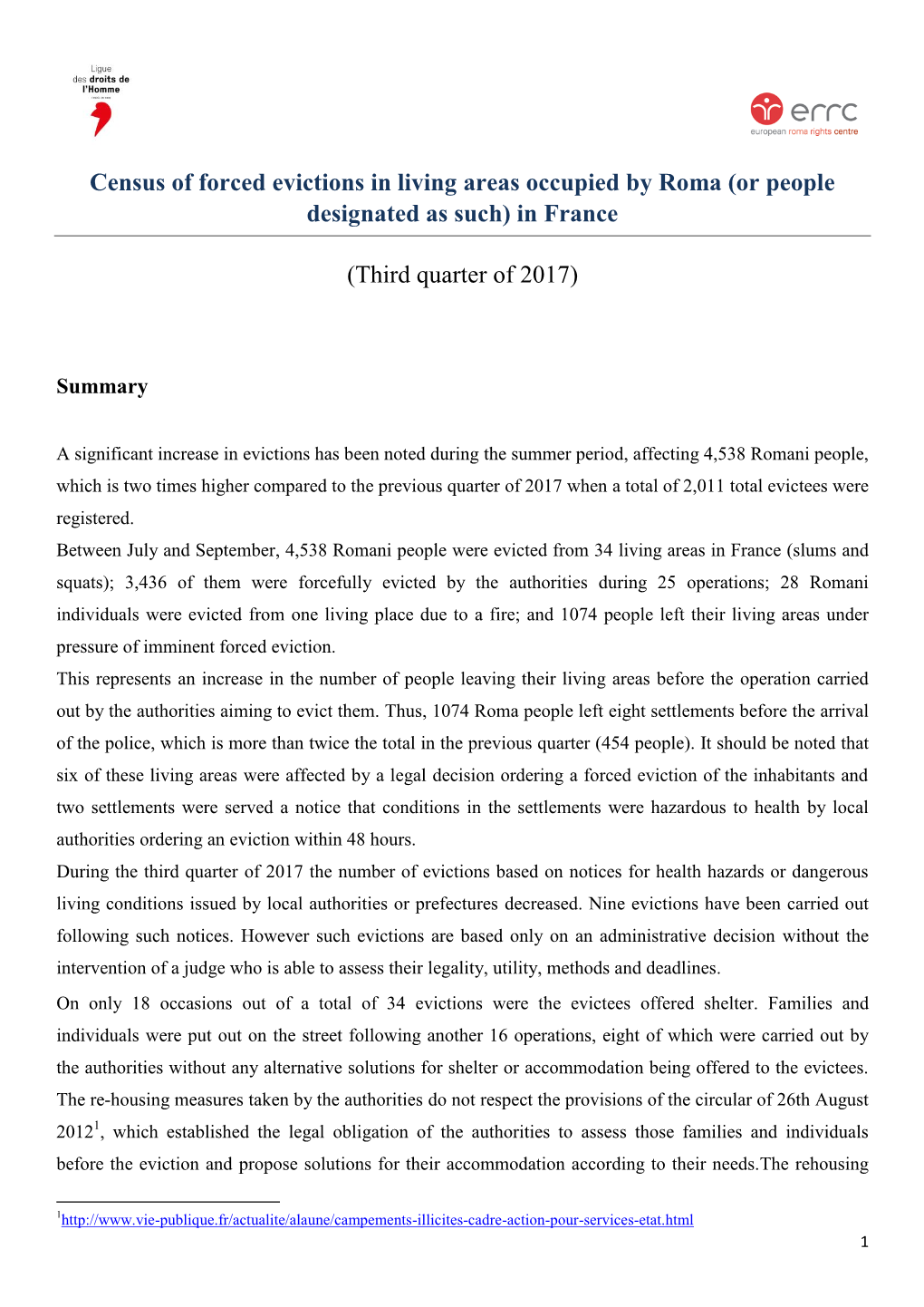 Census of Forced Evictions in Living Areas Occupied by Roma (Or People Designated As Such) in France (Third Quarter of 2017)