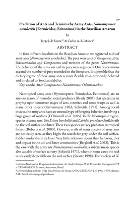 Predation of Ants and Termites by Army Ants, Nomamyrmex Esenbeckii (Formicidae, Ecitoninae) in the Brazilian Amazon by Jorge L.P