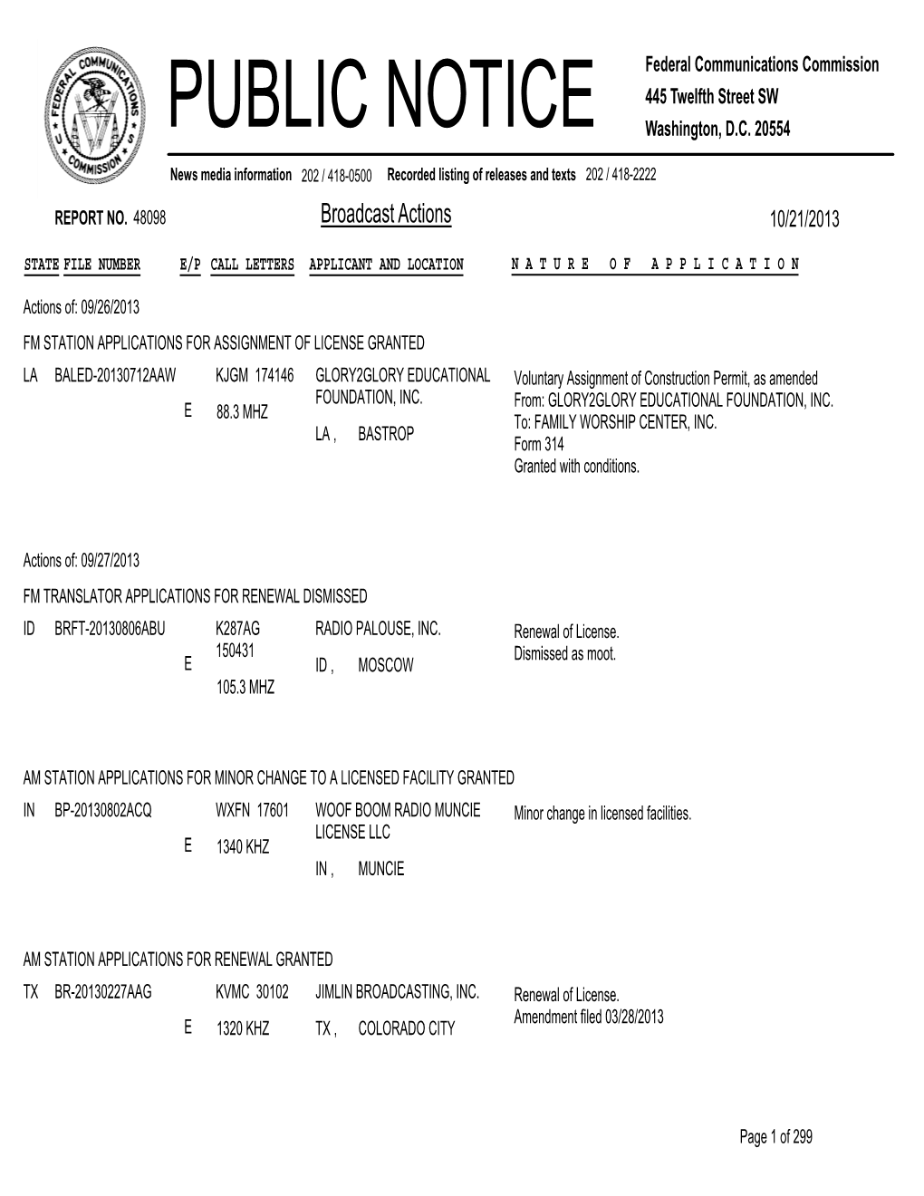 Broadcast Actions 10/21/2013