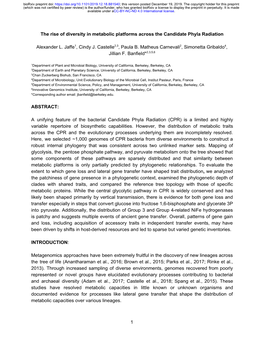 The Rise of Diversity in Metabolic Platforms Across the Candidate Phyla Radiation