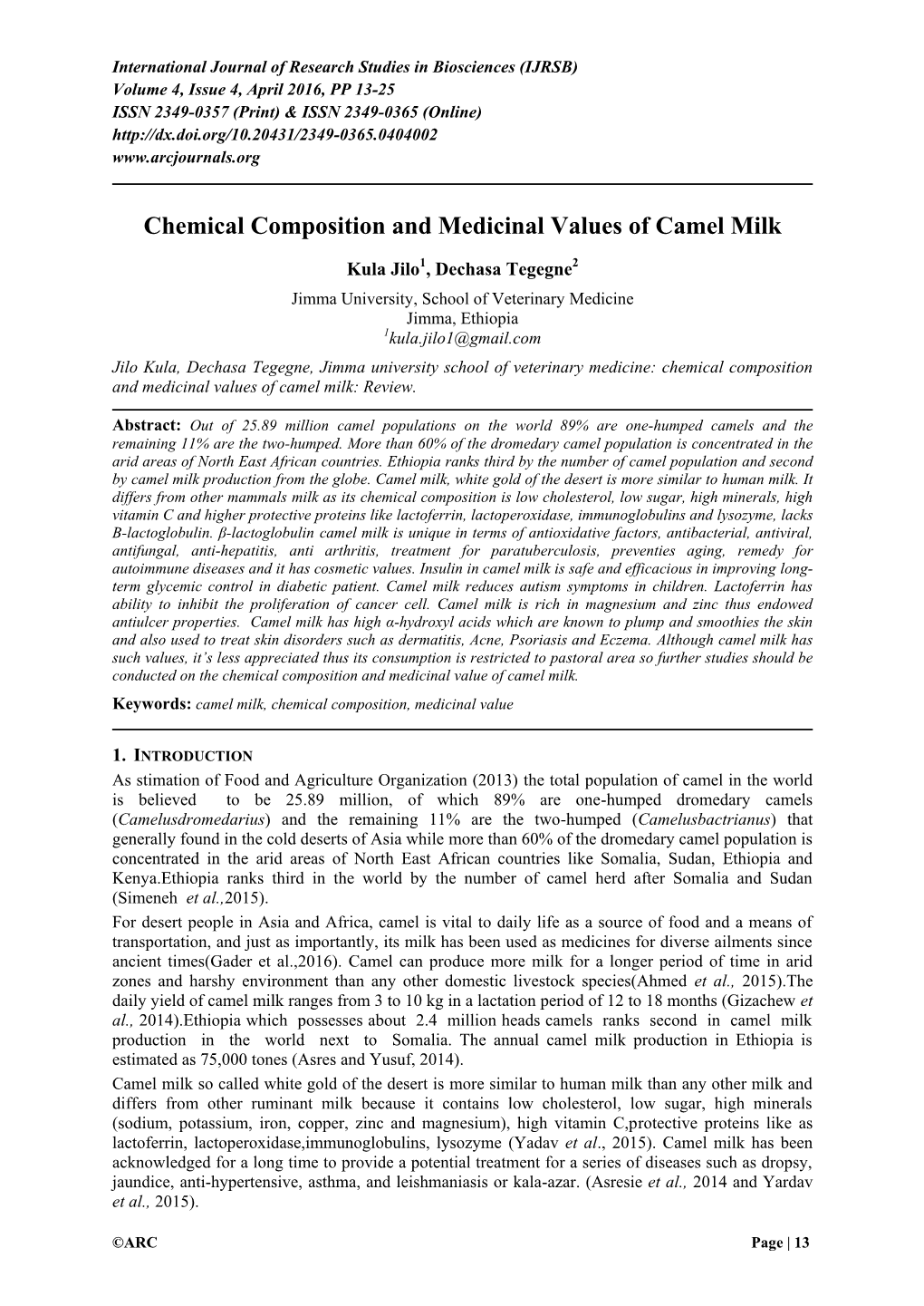 Chemical Composition and Medicinal Values of Camel Milk - DocsLib