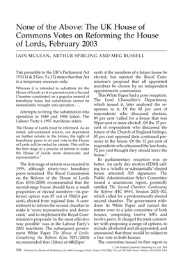 None of the Above: the UK House of Commons Votes on Reforming the House of Lords, February 2003