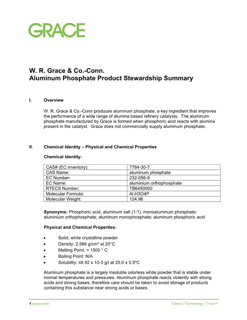 Conn. Aluminum Phosphate Product Stewardship Summary
