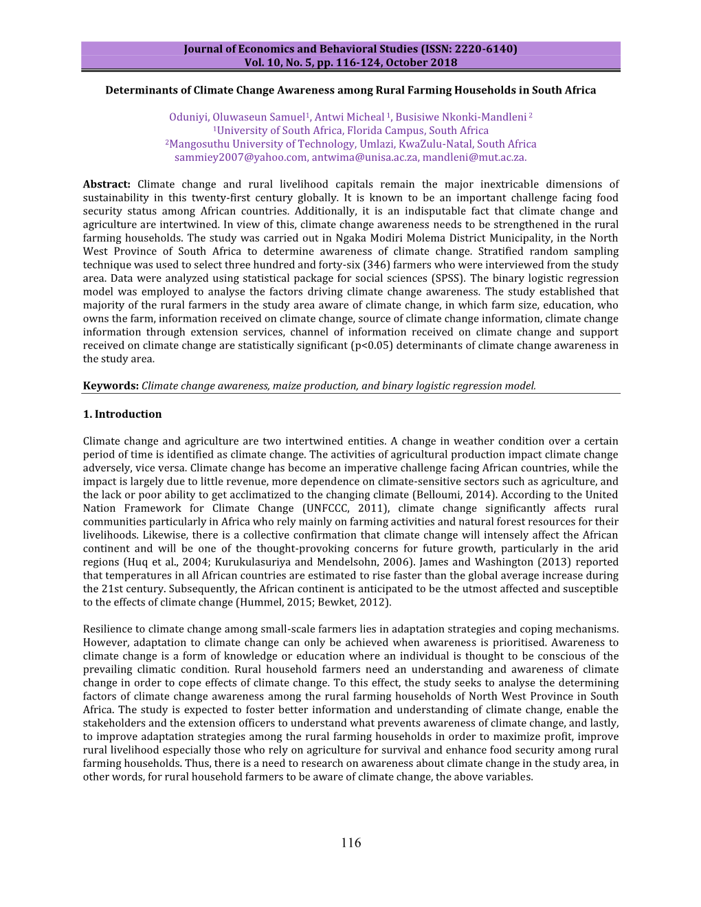 Determinants of Climate Change Awareness Among Rural Farming Households in South Africa